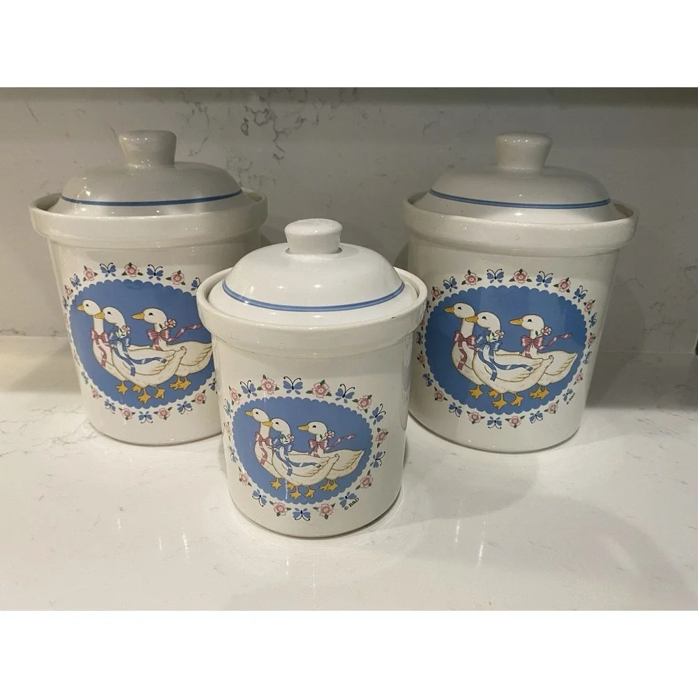 Vintage Ribbon Geese Treasure Craft USA Canister Set 3 Ceramic Farmhouse Country